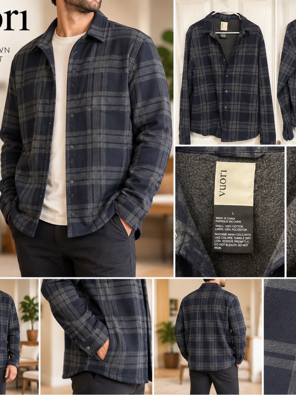 Vuori Range Shirt Jacket Men’s Large Plaid Fleece Lined Shacket Excellent